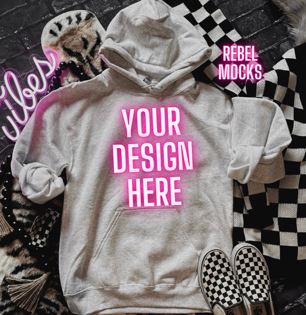 Ash Hoodie Mock Up Trendy Edgy Vibes Flat Lay