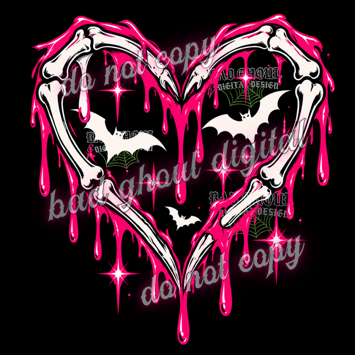 Skeleton Bones + Bats | Pink Drippy Heart | PNG DOWNLOAD BLACK FAB ONLY