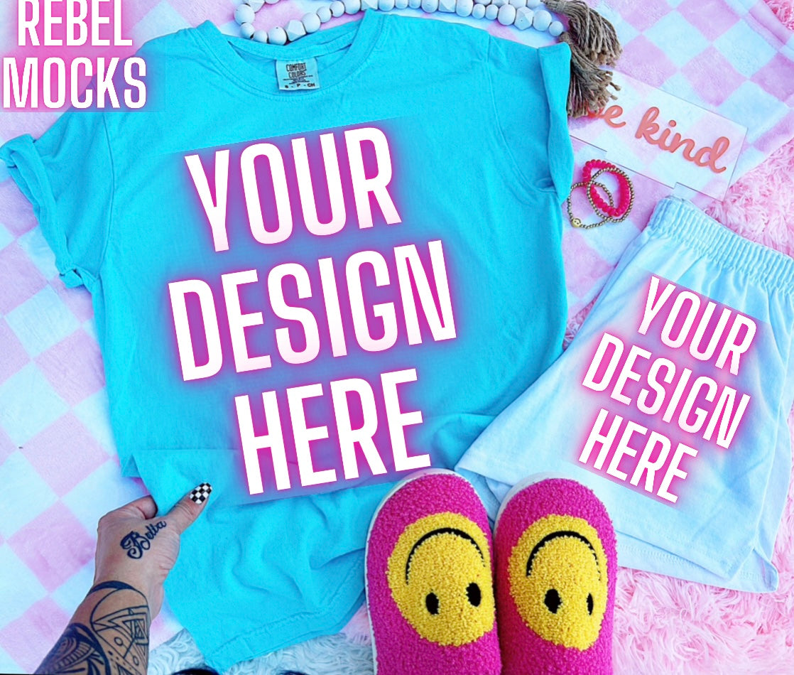 Lagoon Blue Tee Happy Vibes TRENDING Flat Lay Mock up