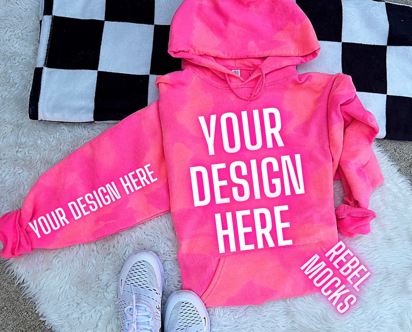 Neon Pink Acid wash Hoodie Sweatshirt Flat Lay Mock Up TRENDING VIBES