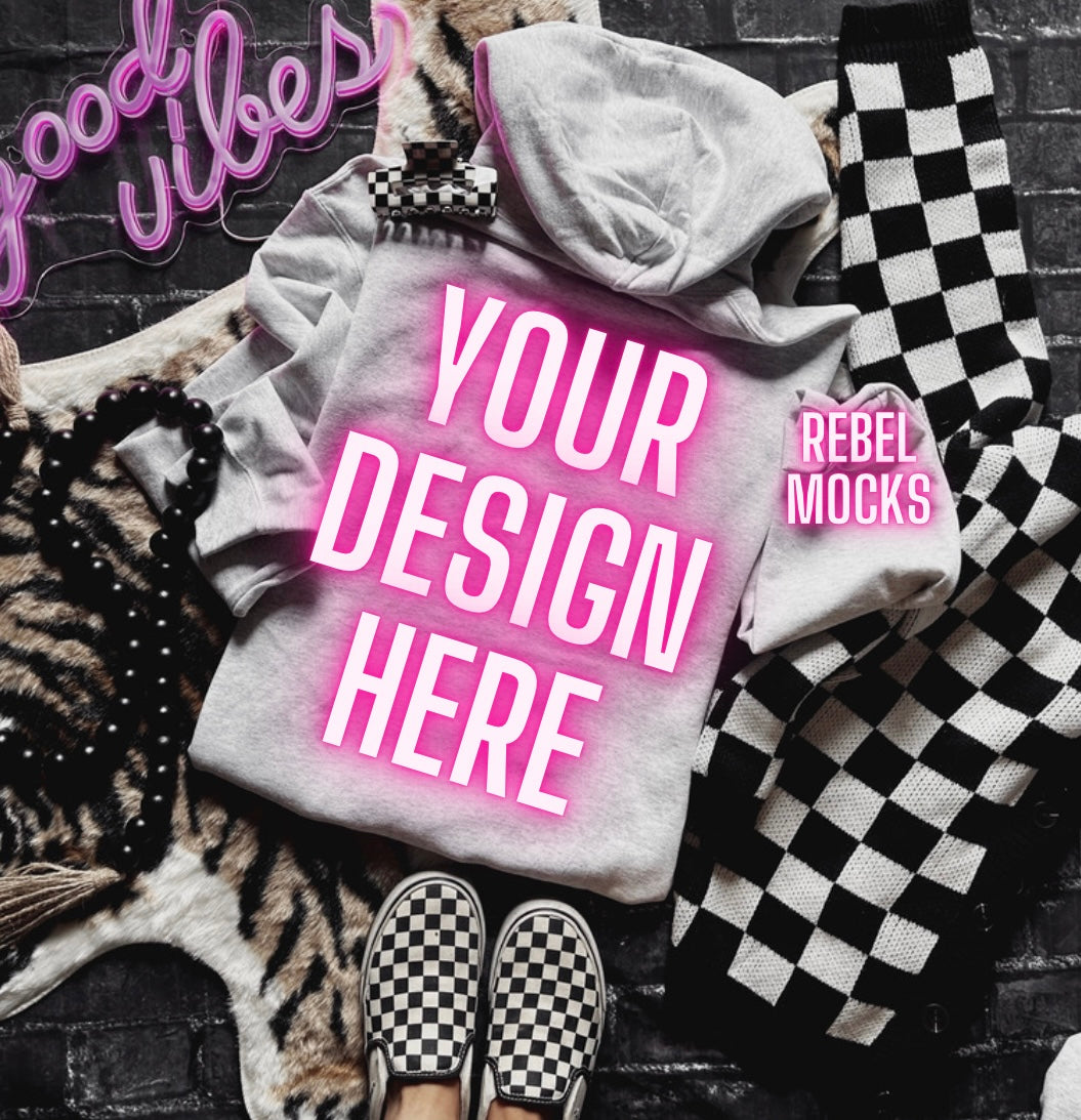 2 Mocks Ash Hoodie Mock Up Trendy Edgy Vibes Flat Lay front and back