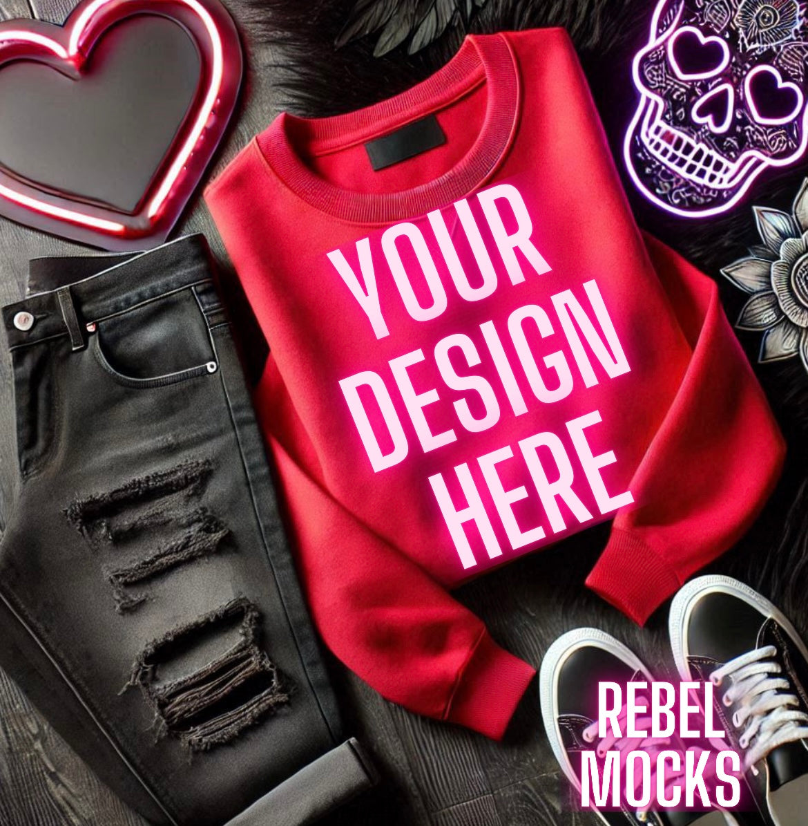 Red Crew Neck Sweatshirt Alternative Flat Lay Mock Up