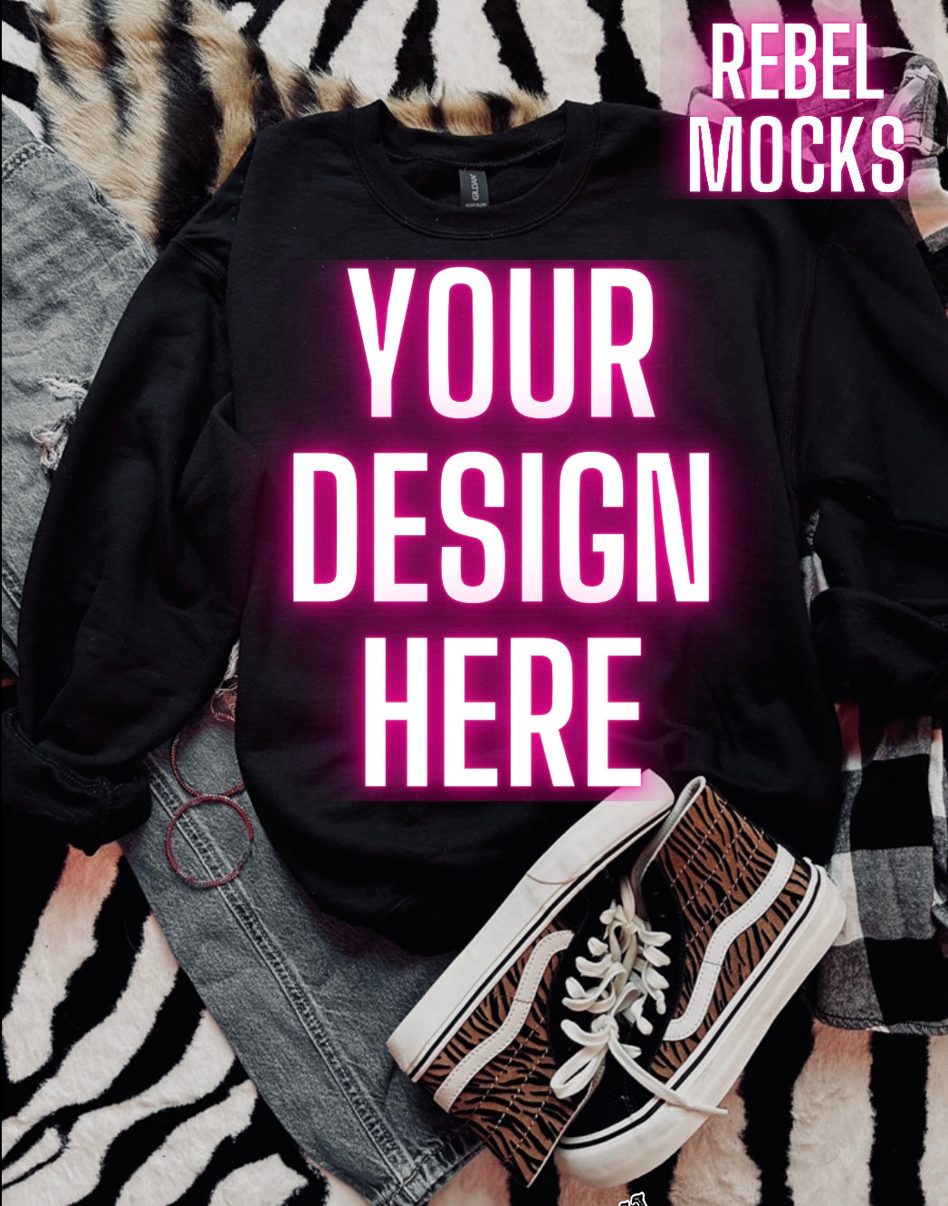 Black Crew Neck Sweatshirt Mock Up Trendy Grungy Edgy Vibes Flat Lay Mock Up