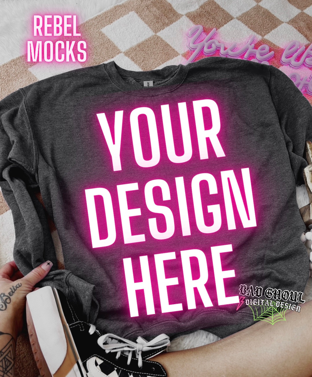 Dark Heather Charcoal Crew Neck Sweatshirt Flat Lay Mock Up TRENDING