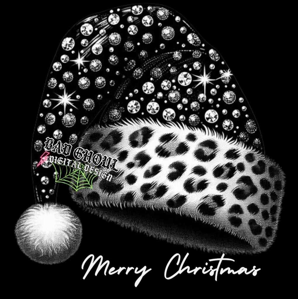 Merry Christmas Leopard Faux Bling Santa Hat PNG Download