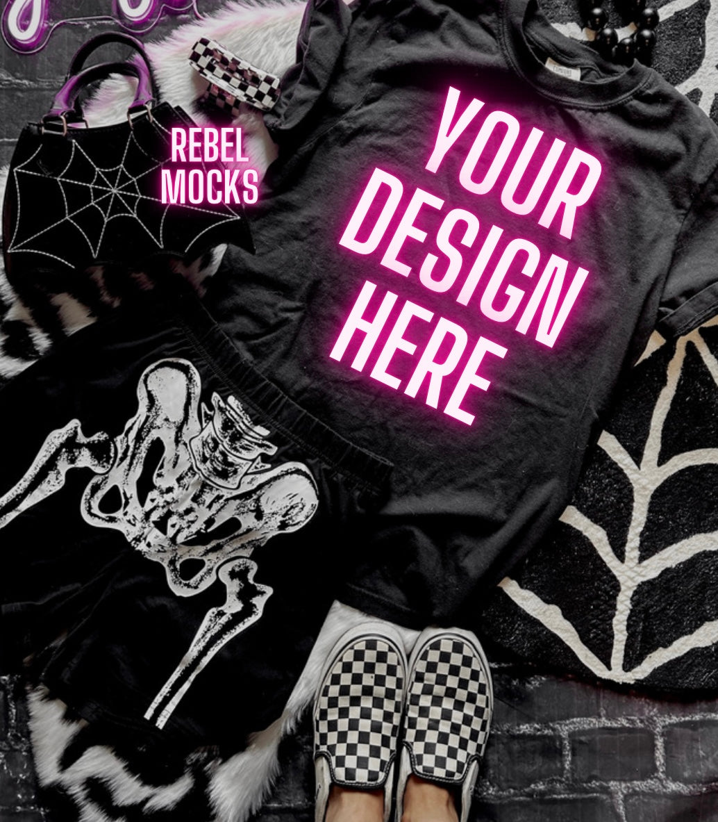 Black Tee and Shorts Mock Up Trendy Edgy Vibes Flat Lay 2 mocks