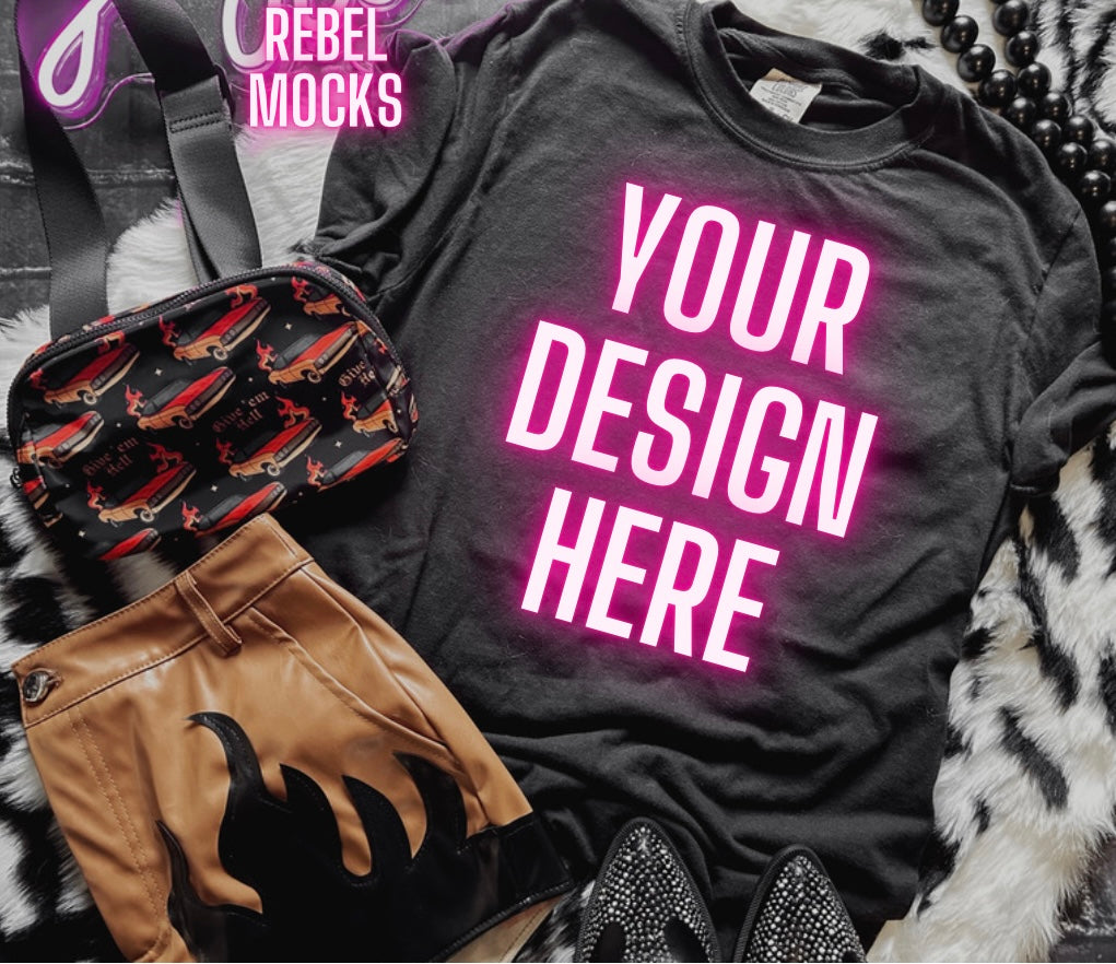 Black Tee and Shorts Mock Up Trendy Edgy Vibes Flat Lay 3 mocks