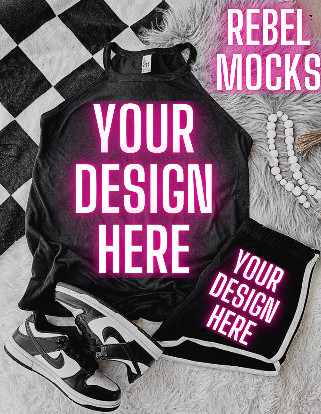 Black District Rocker Tank Trendy Mock Up Flat Lay