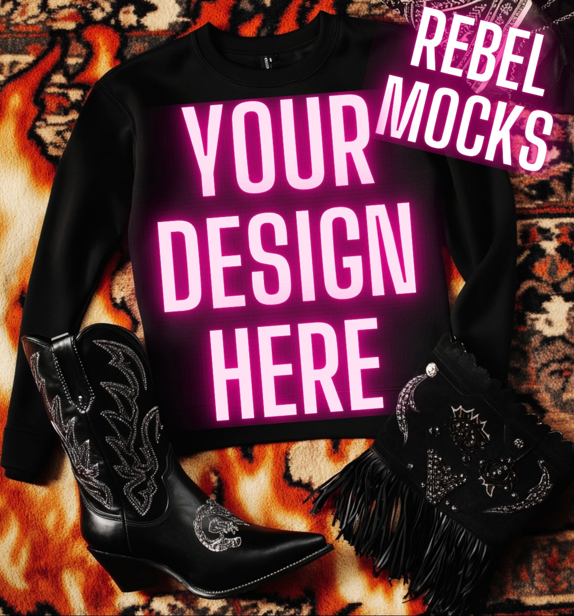 Black Crew Neck Sweatshirt Flat Lay Mock Up Western Grunge Alt Rock N Roll Vibes