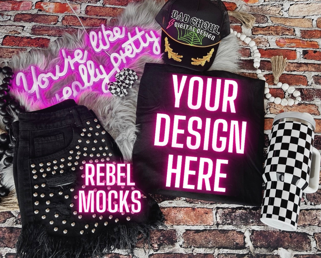 EDGY AF Vibes Black Tee -Hat and Tumbler Flat Lay Mock Up