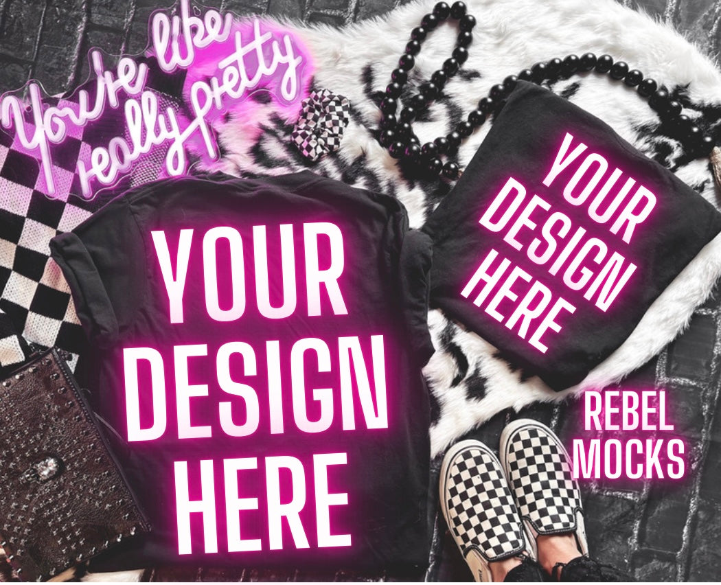 Bundle Black Flat Lay Mock Ups 11 Mocks Trendy Edgy Vibes front some fronts and backs