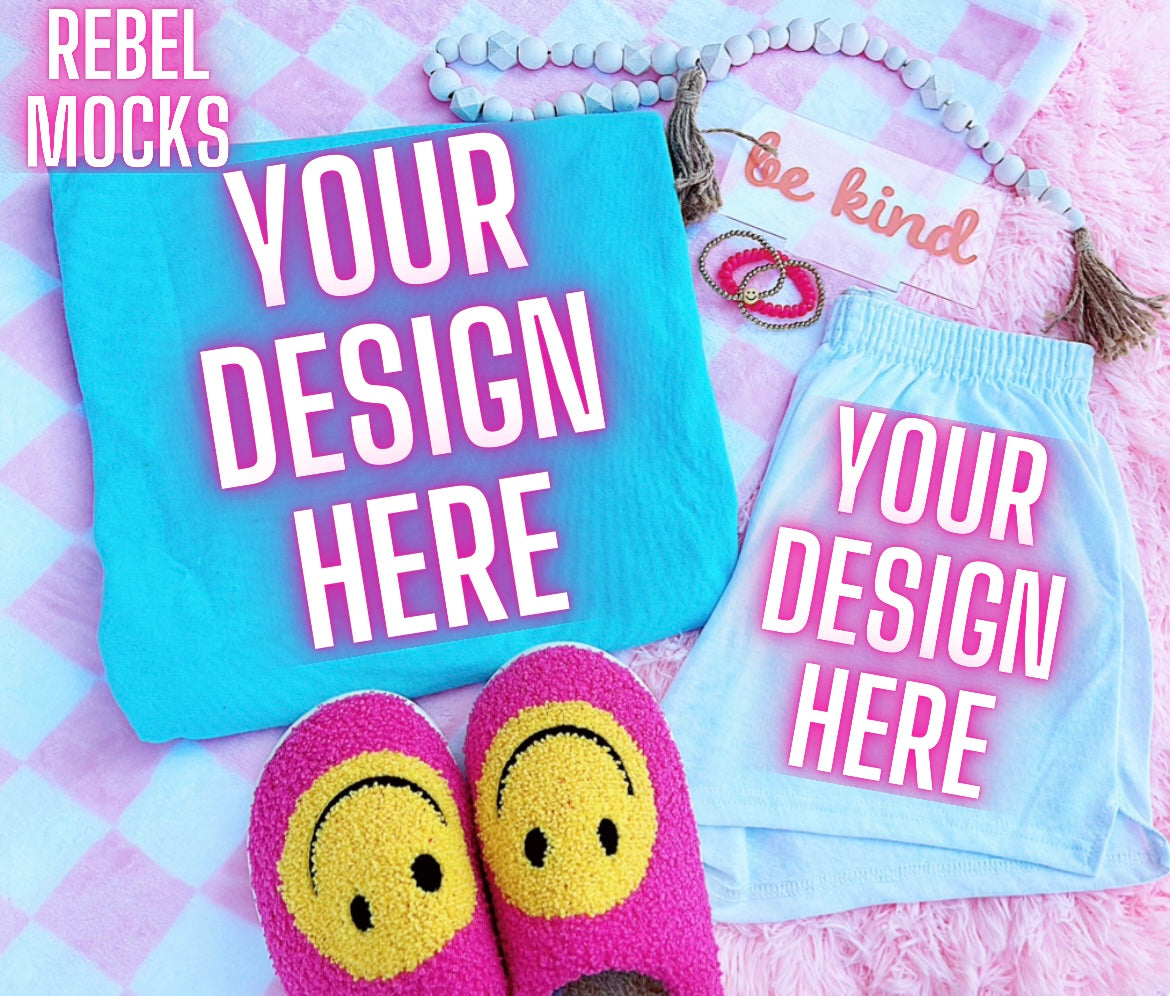 Lagoon Blue Tee Happy Vibes TRENDING Flat Lay Mock up