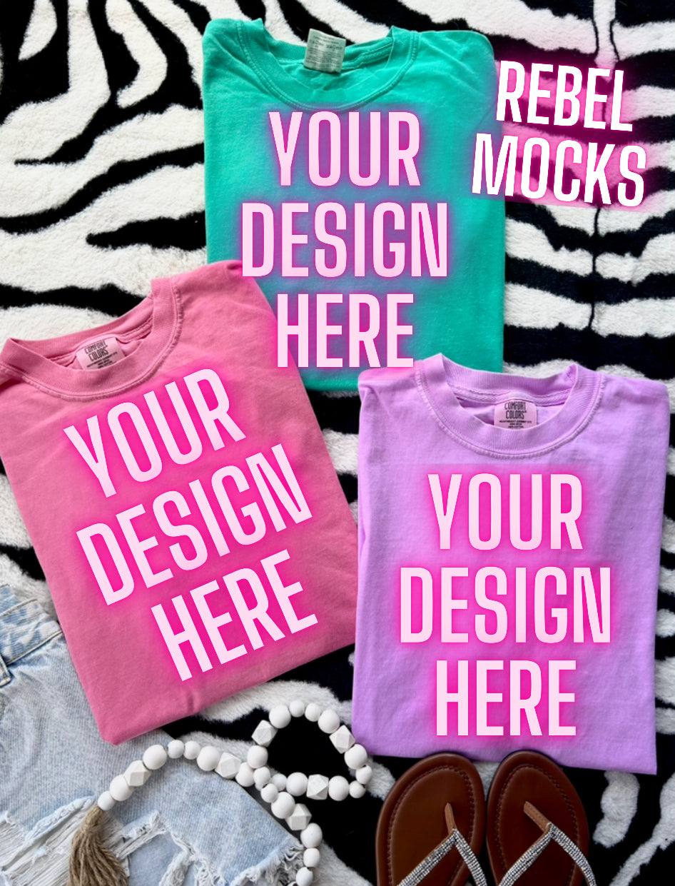Comfort Colors Collage Crunchberry Island Green & Neon Violet Flat Lay Mock UP