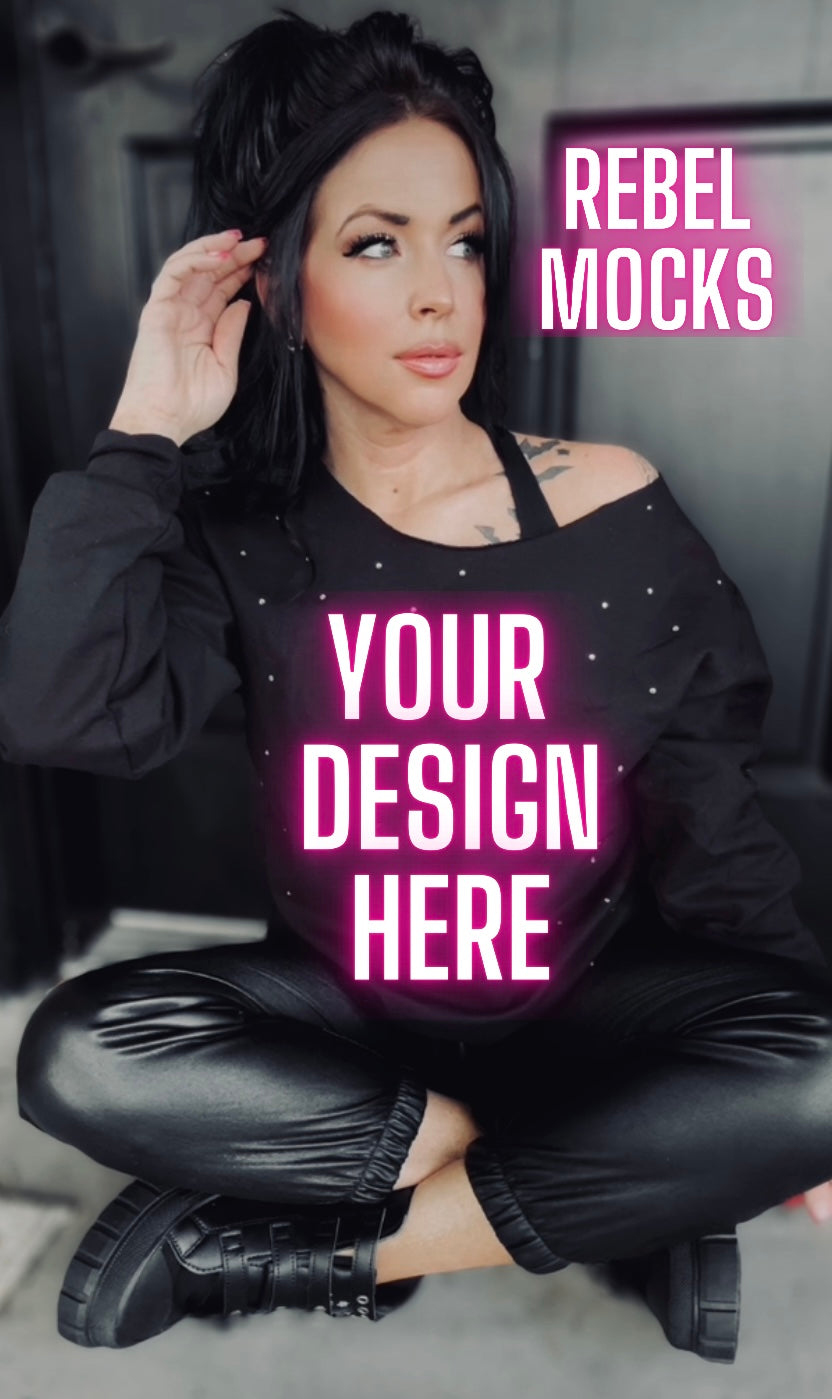 Rhinestone BLING Off Shoulder Black Crew Sweatshirt Model Mock Up