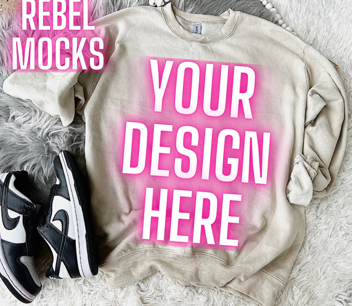 Sand Crew Neck Sweatshirt Gildan Trendy Mock Up Flat Lay