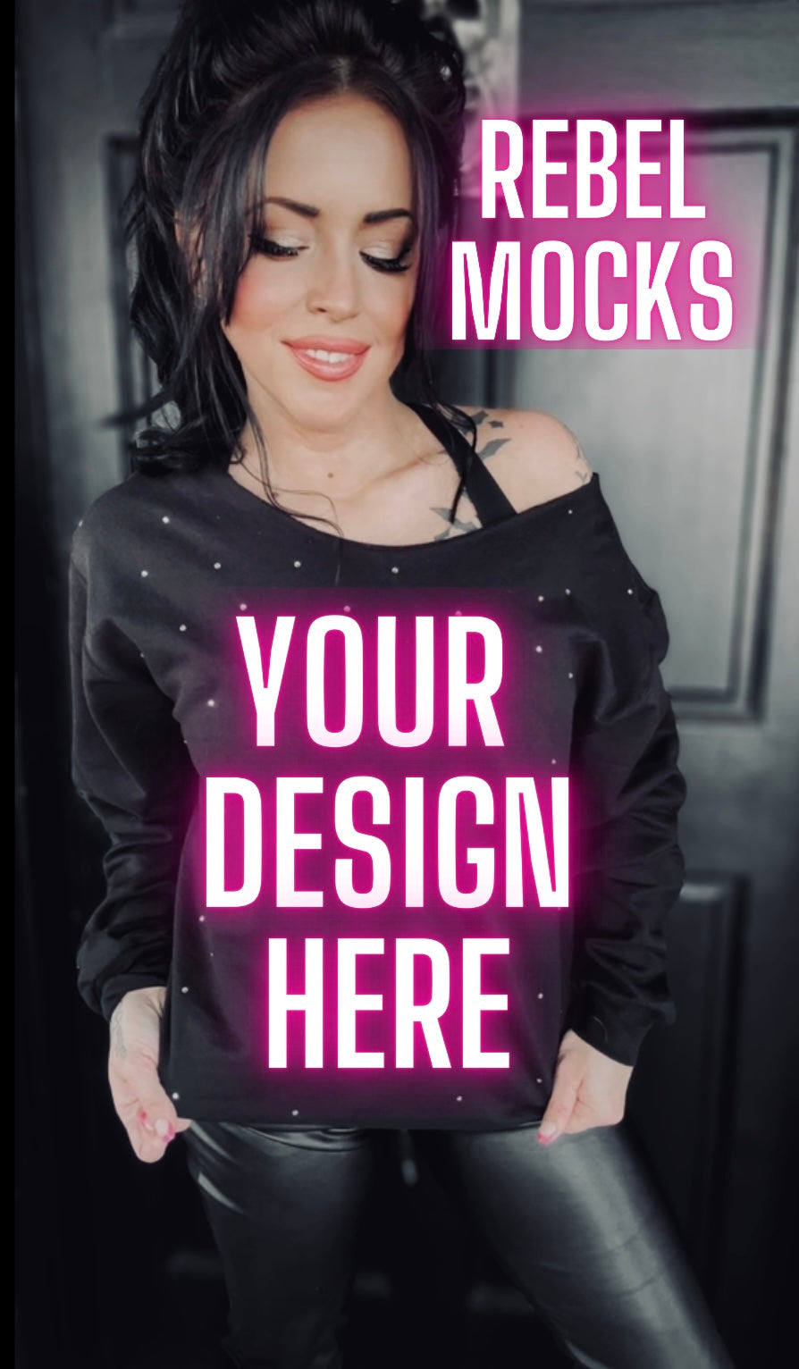 Rhinestone BLING Off Shoulder Black Crew Sweatshirt Model Mock Up