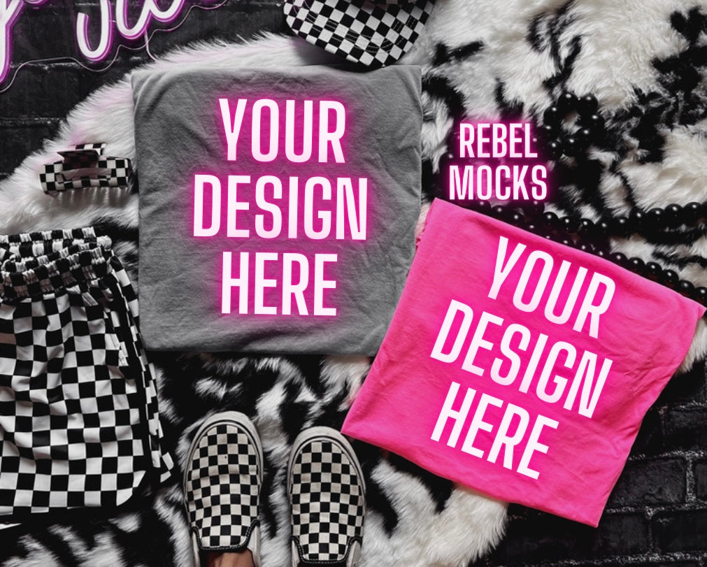 Pink and Pepper Tee Mock Up Trendy Edgy Vibes Flat Lay