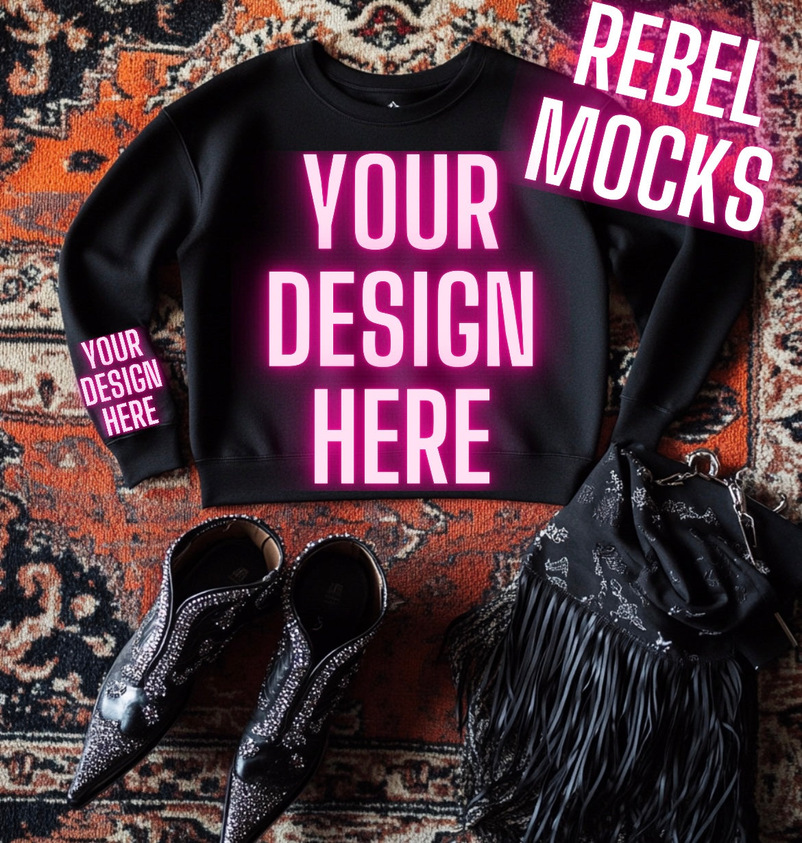 Black Crew Neck Sweatshirt Flat Lay Mock Up Western Grunge Alt Rock N Roll Vibes