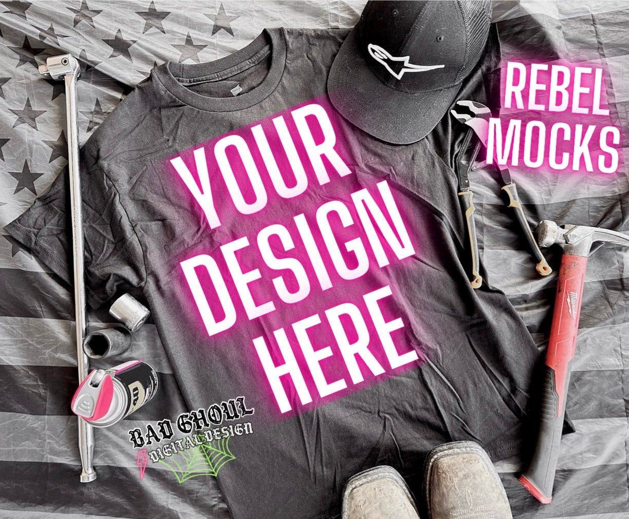 Black Tee Mens Flat Lay Mock Up