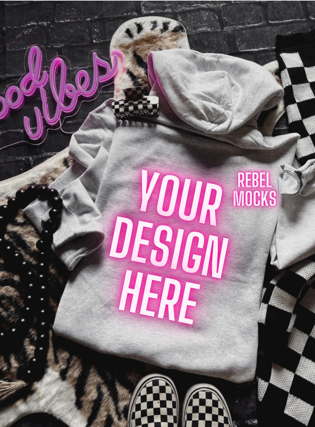 Ash Hoodie Mock Up Trendy Edgy Vibes Flat Lay back