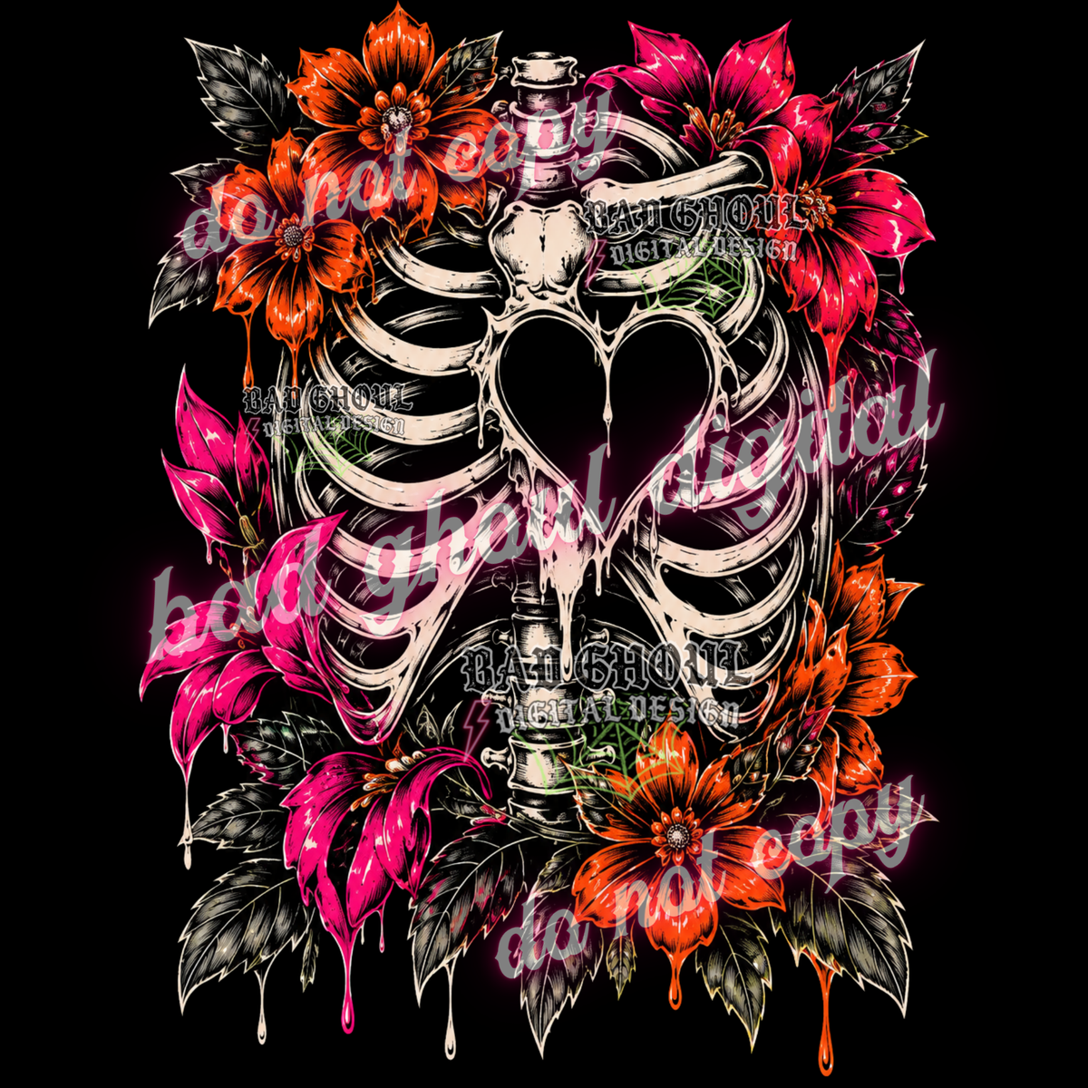 Skellie Heart Ribcage + Flowers | PNG DOWNLOAD BLACK FAB ONLY