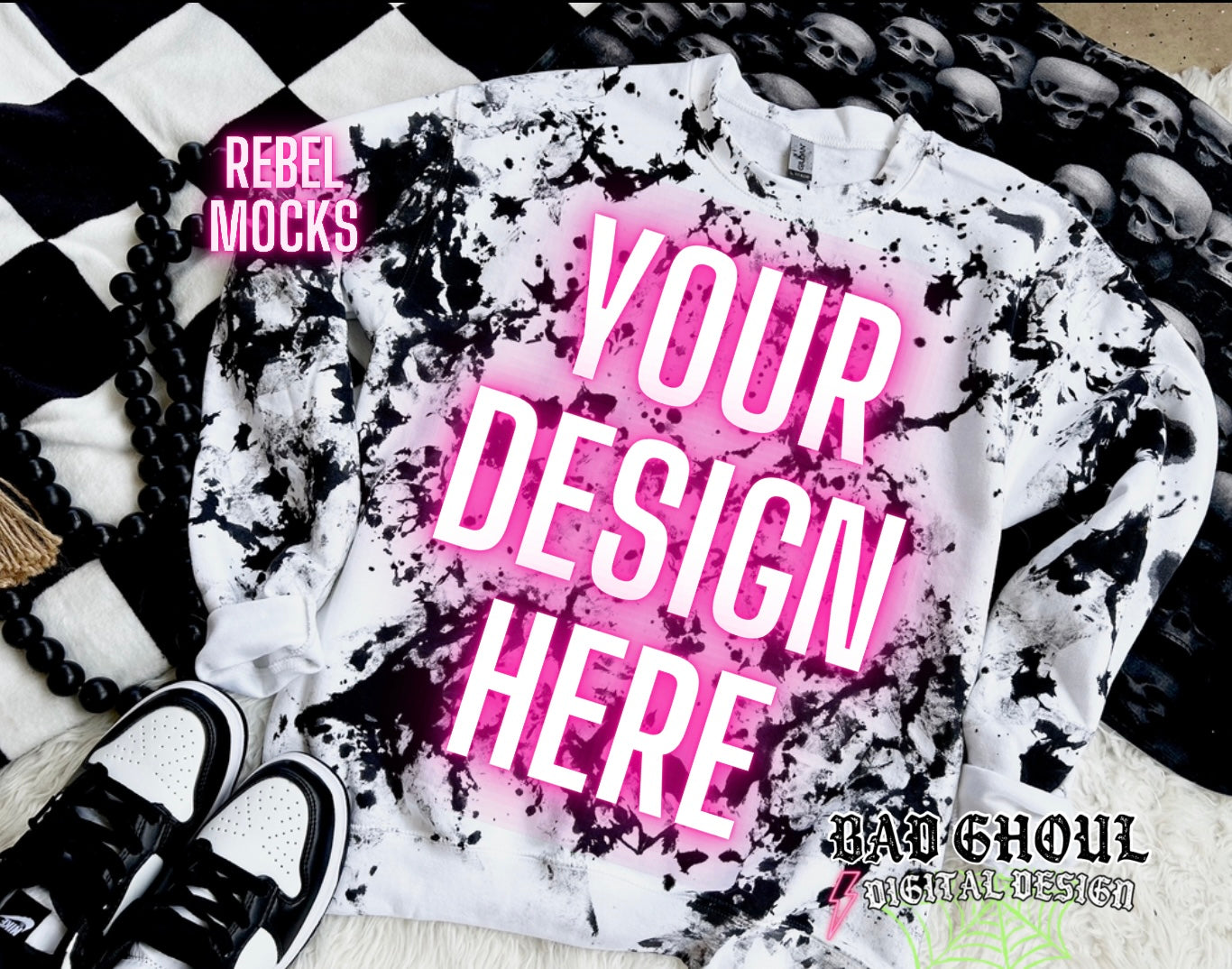 Black Scrunch White Flat Lay crew neck sweatshirt Mock Up TRENDING VIBES