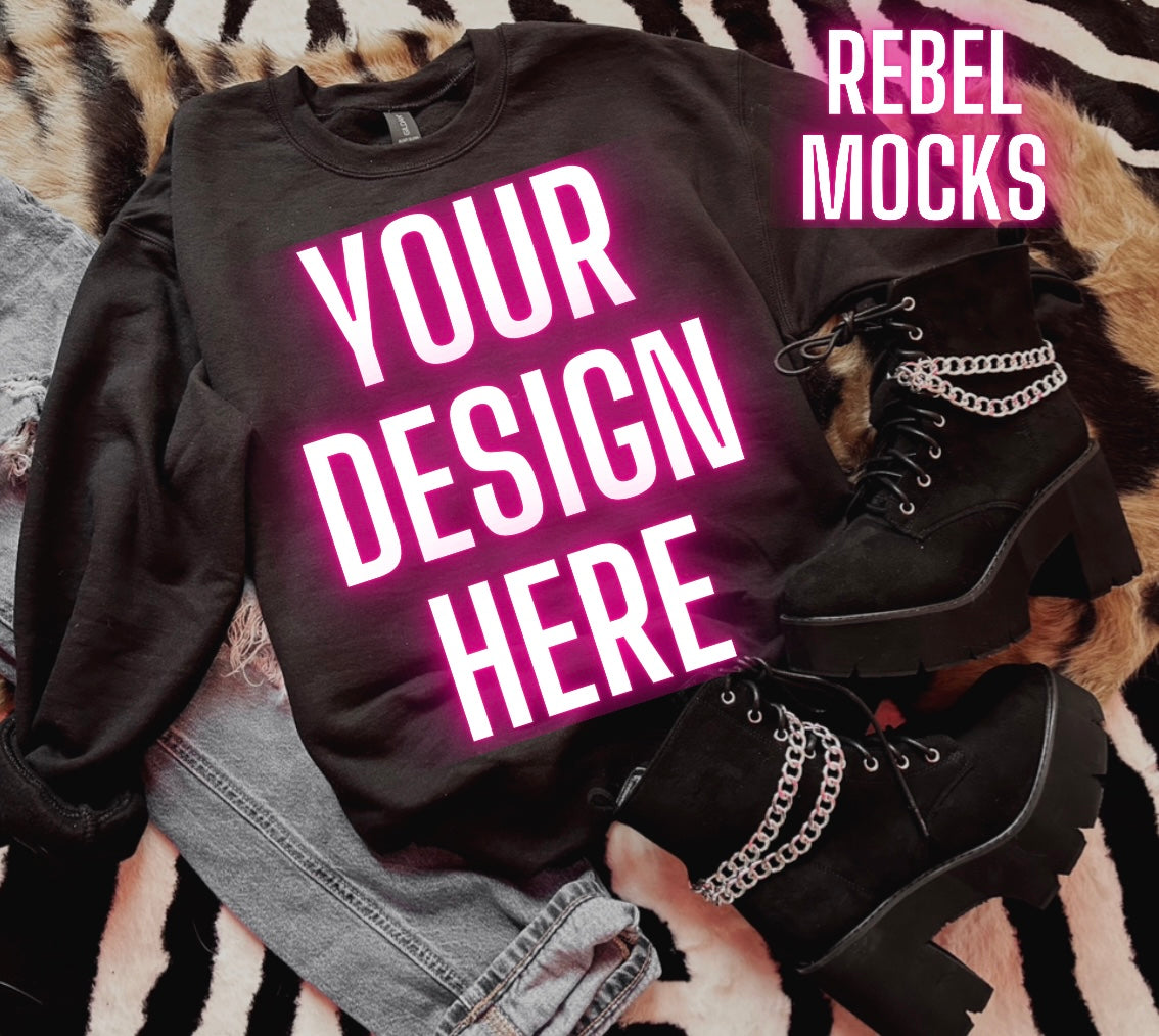 Black Crew Neck Sweatshirt Mock Up Trendy Grungy Edgy Vibes Flat Lay Mock Up