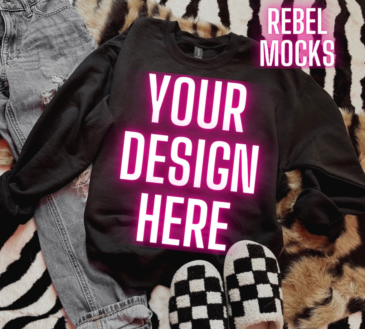 Black Crew Neck Sweatshirt Mock Up Trendy Grungy Edgy Vibes Flat Lay Mock Up