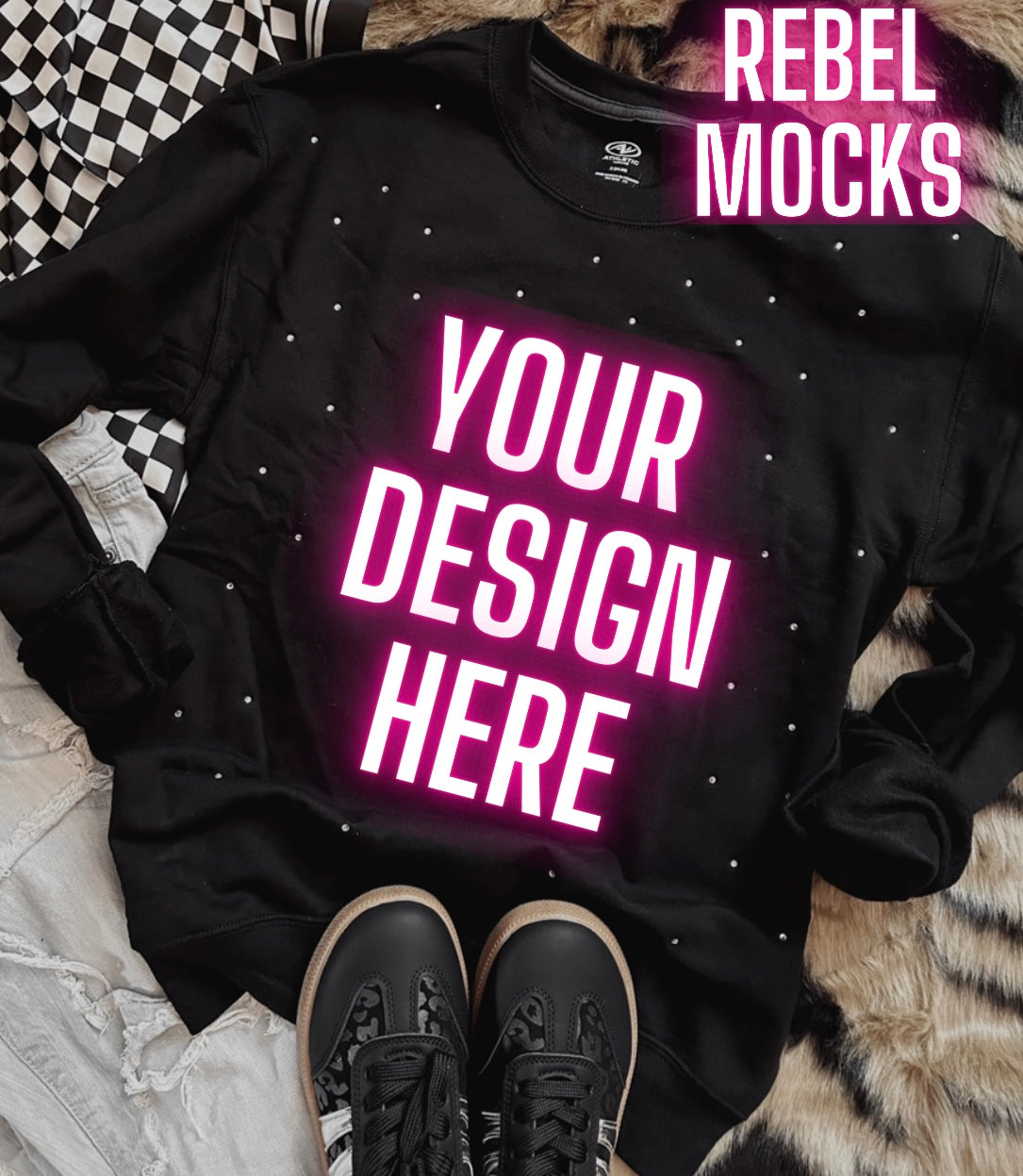 Rhinestone BLING Black Crew Sweatshirt Flat Lay Mock Up