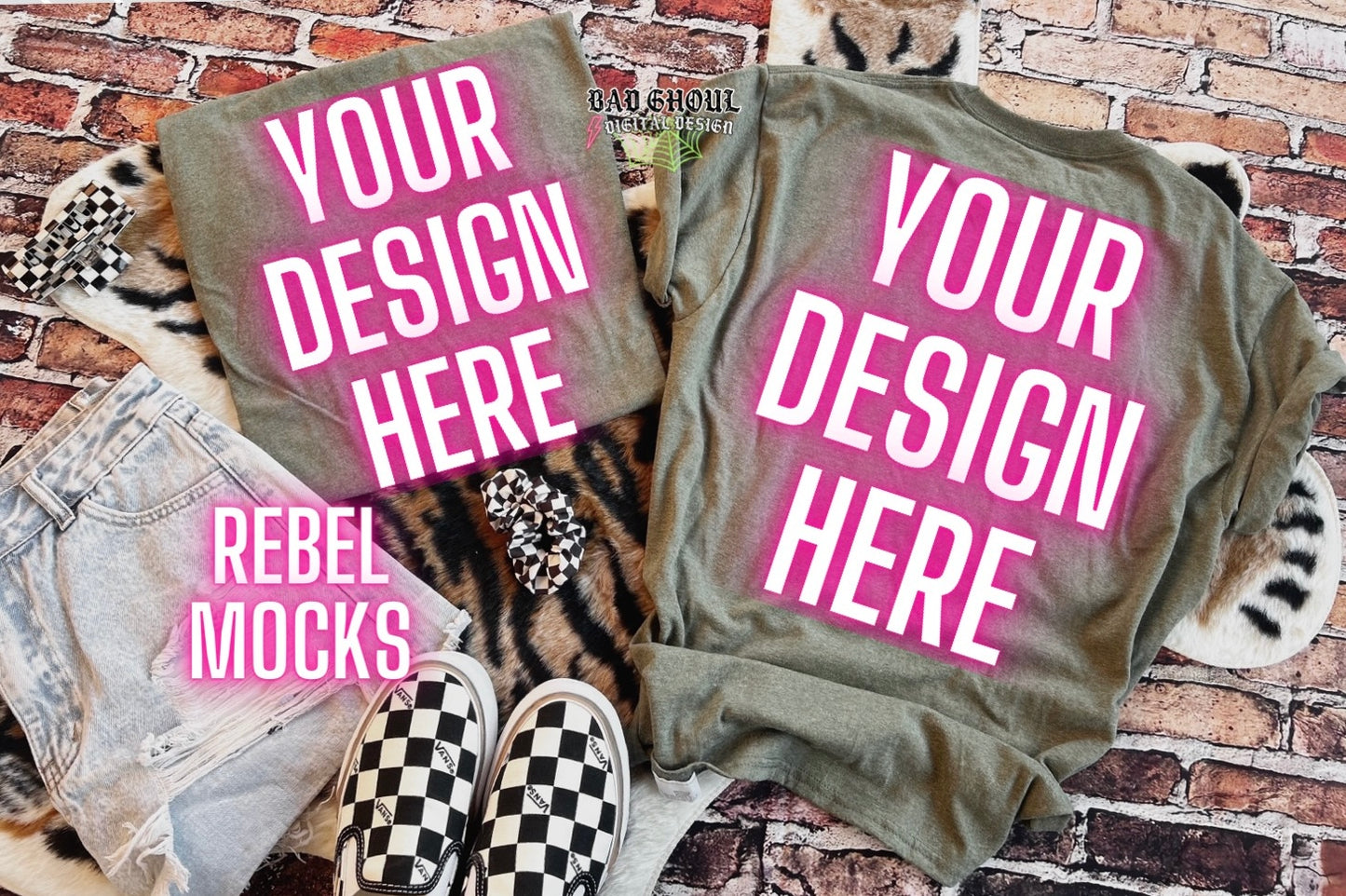 Front and Back Heather Military Green Tee Flat Lay Mock Up