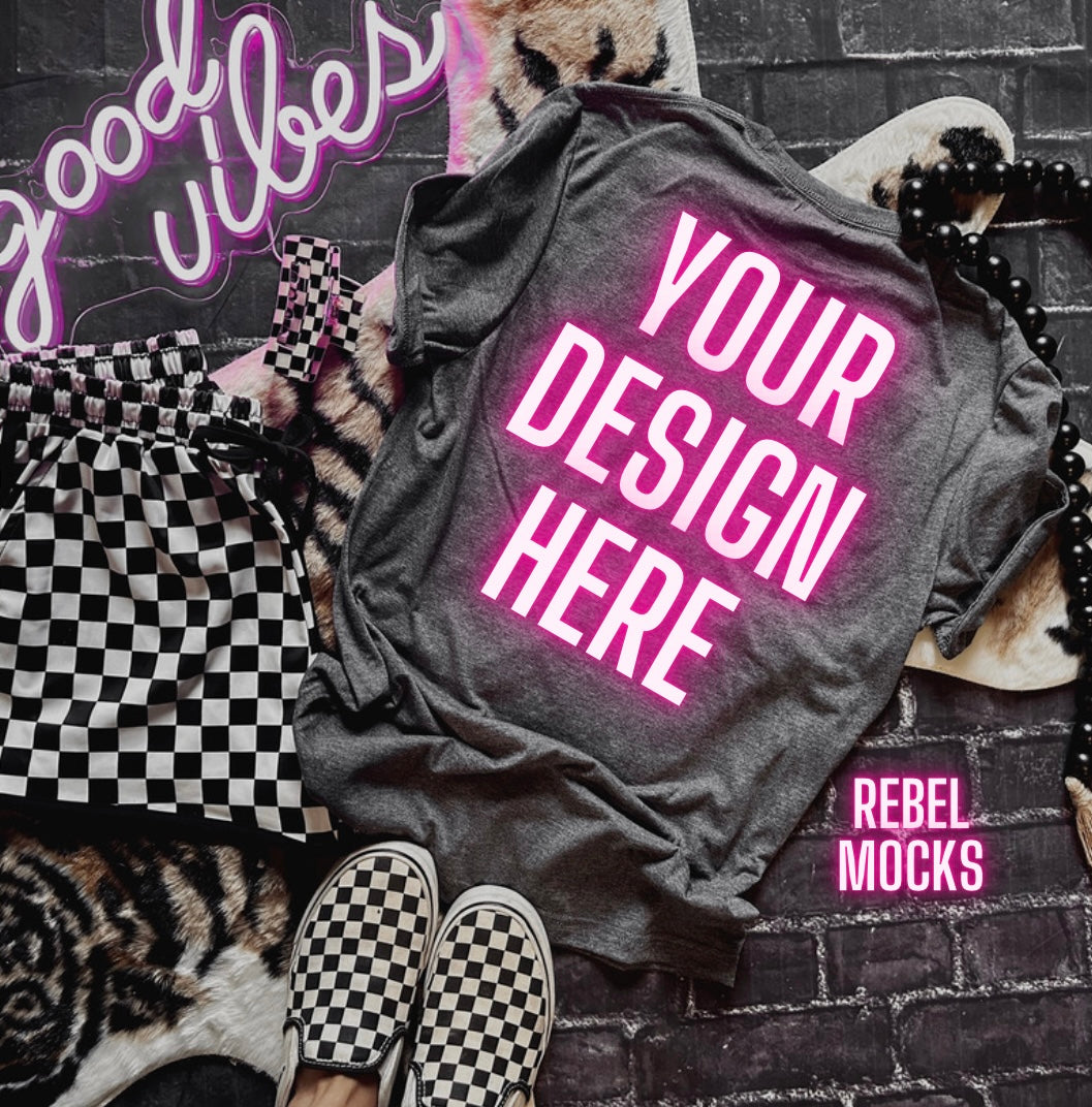 Heather Charcoal Mock Up Trendy Edgy Vibes Flat Lay front and back 2 mocks