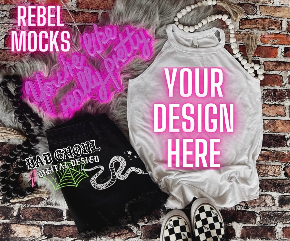 EDGY AF Vibes White Tri Rocker Tank Flat Lay Mock Up