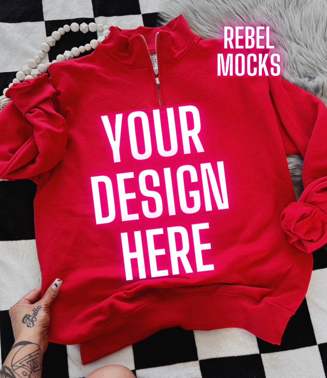 Red 1/4 Zip Up Sweatshirt Jerzees Trendy Mock Up Flat Lay