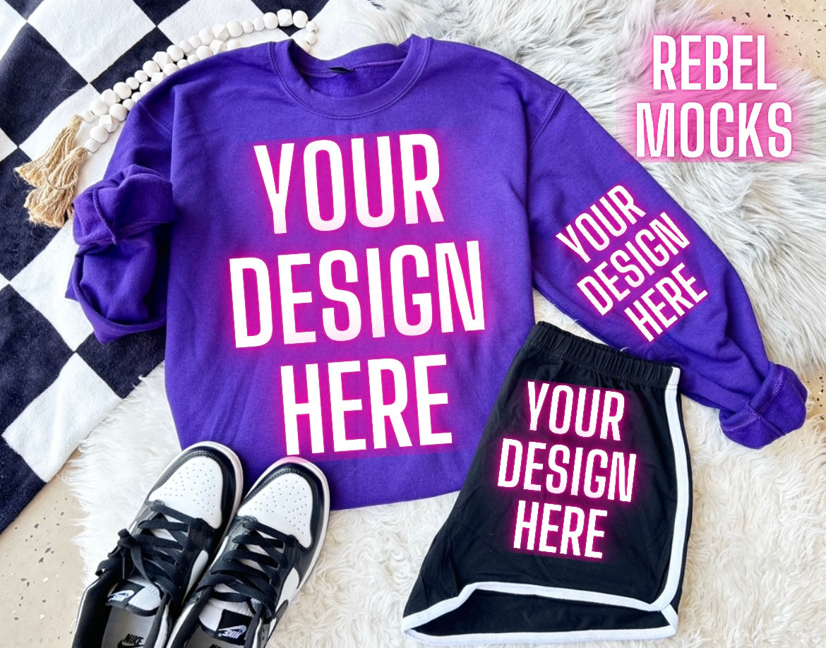 Gildan Purple Crew Neck Sweatshirt Gildan Trendy Mock Up Flat Lay