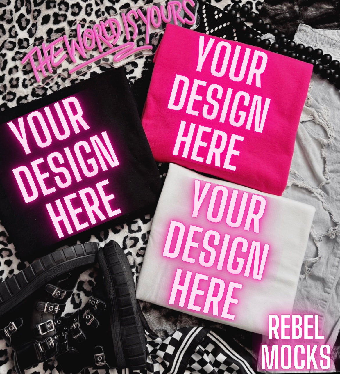 Collage Black White & Heliconia Edgy Alt Trendy Mock Up flat Lay