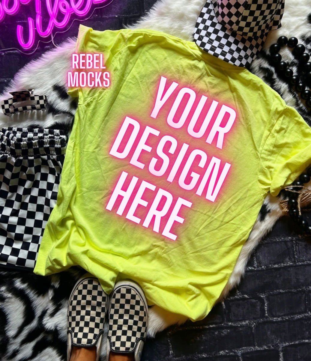 Neon Lemon Collage Tee Mock Up Trendy Edgy Vibes Flat Lay front and back 2 mocks
