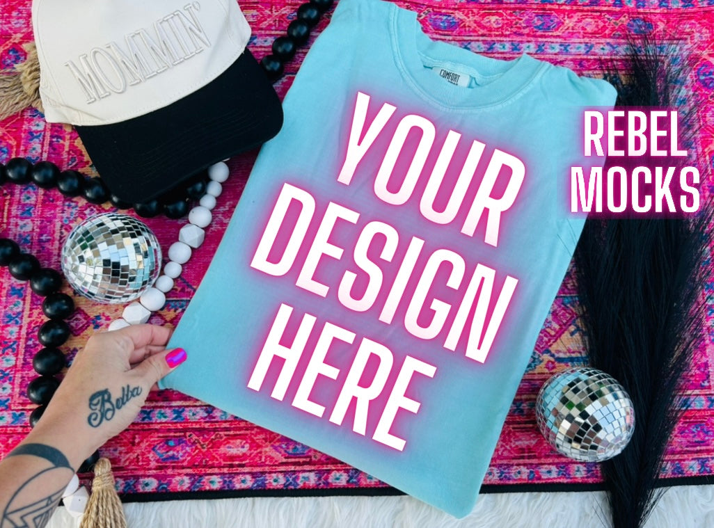 Comfort Colors Lagoon Blue Trendy Mock Up Flat Lay