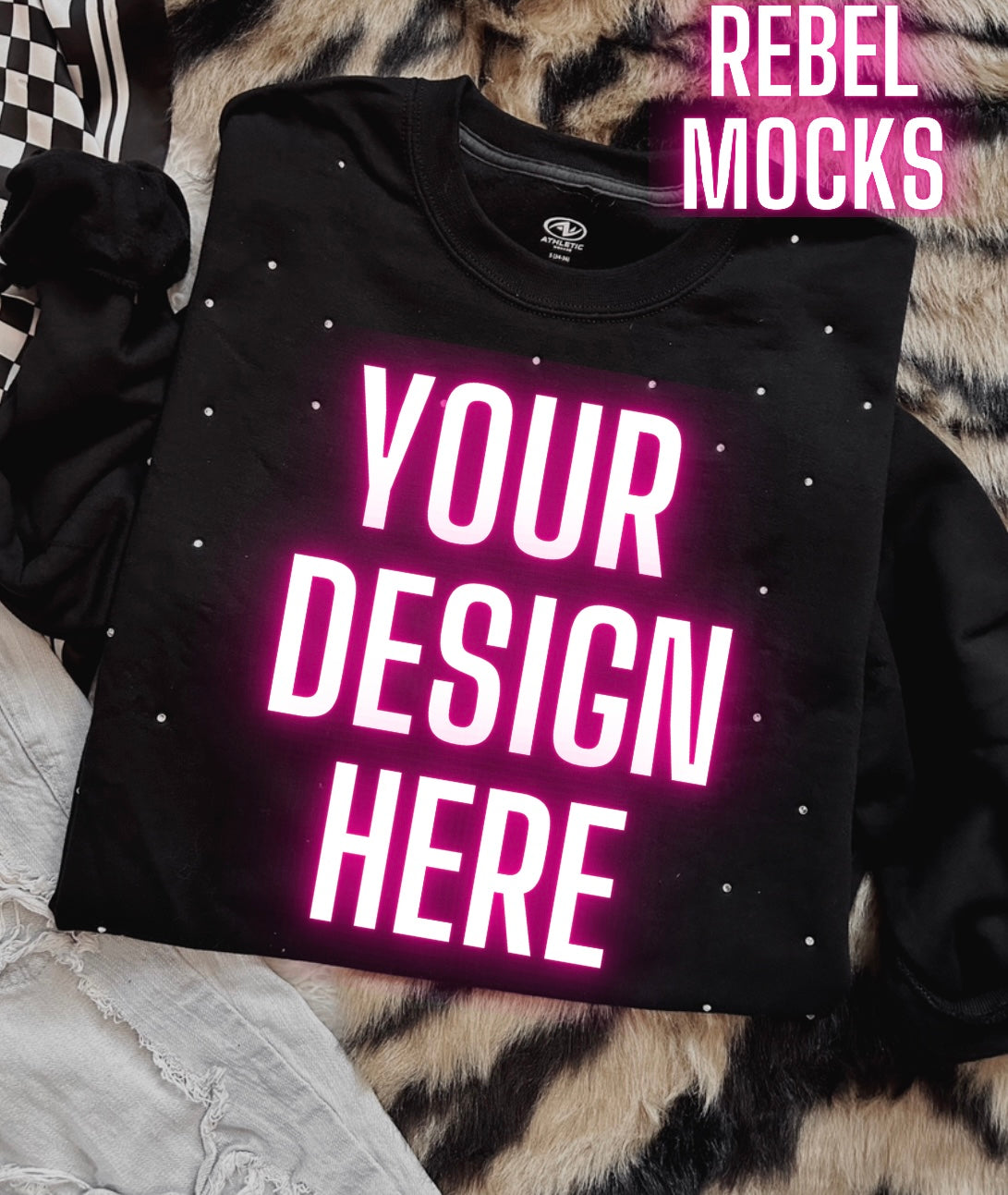 Rhinestone BLING Black Crew Sweatshirt Flat Lay Mock Up
