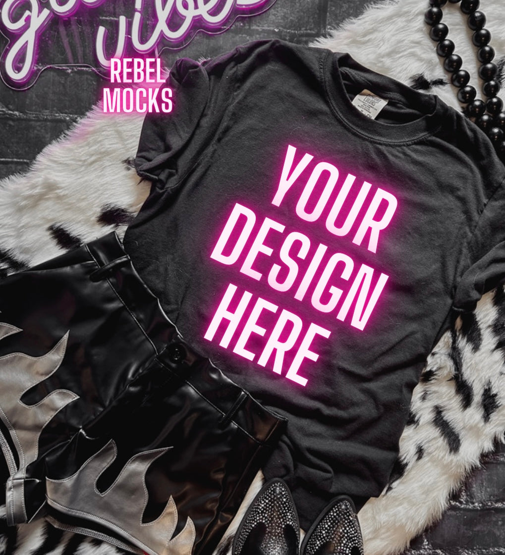 Black Tee and Shorts Mock Up Trendy Edgy Vibes Flat Lay 2 mocks