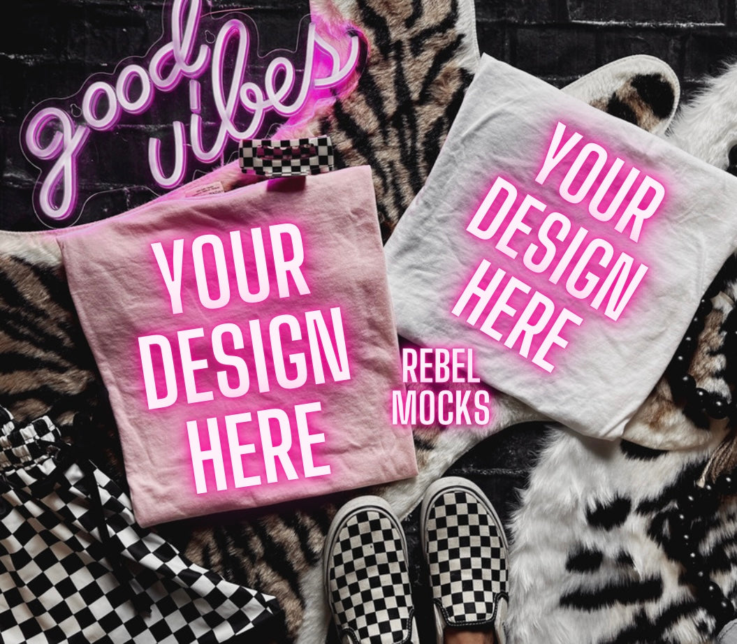 Light pink and White Tee Mock Up Trendy Edgy Vibes Flat Lay collage