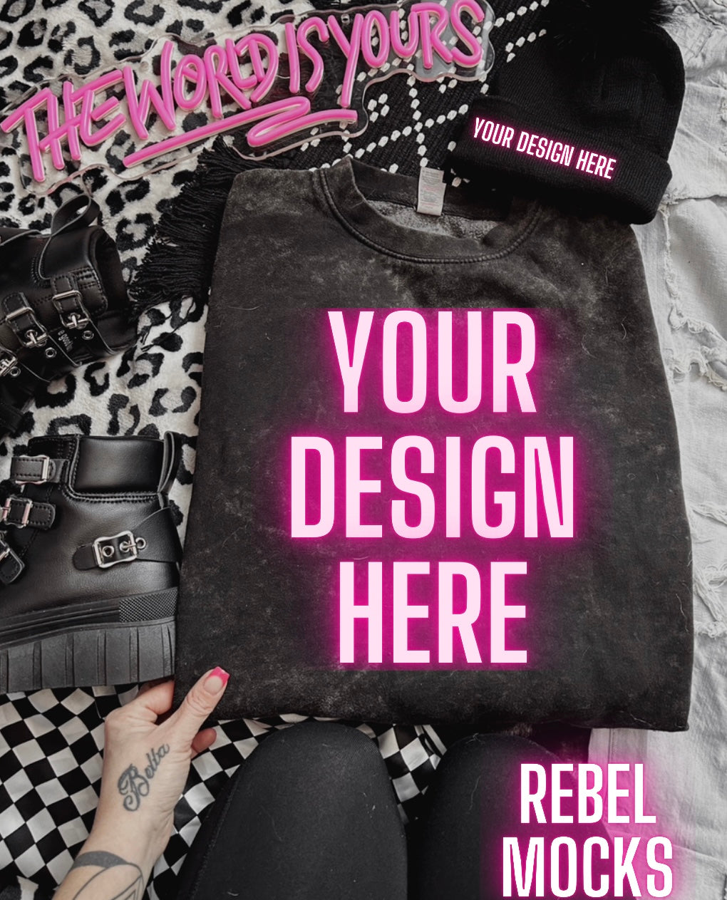 Mineral Wash Crew Neck Trendy Mock Up flat Lay