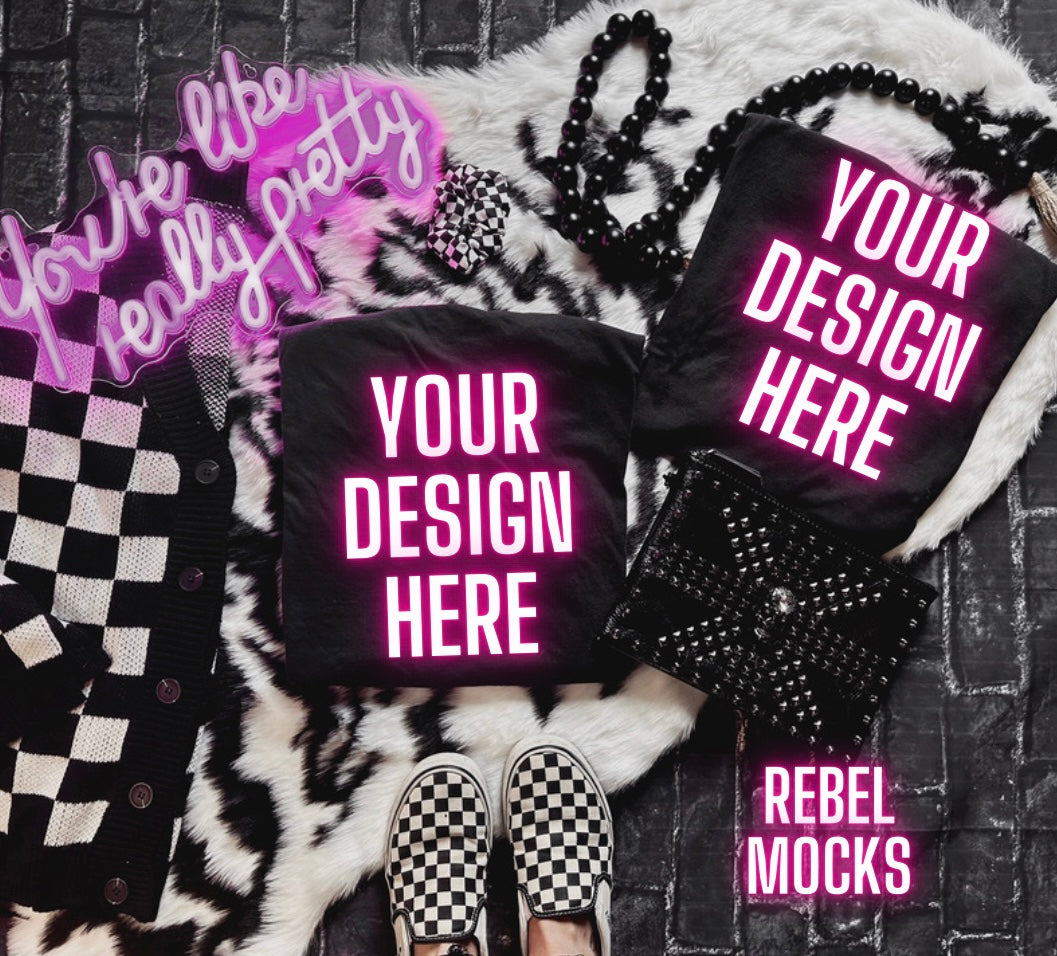 Bundle Black Flat Lay Mock Ups 11 Mocks Trendy Edgy Vibes front some fronts and backs