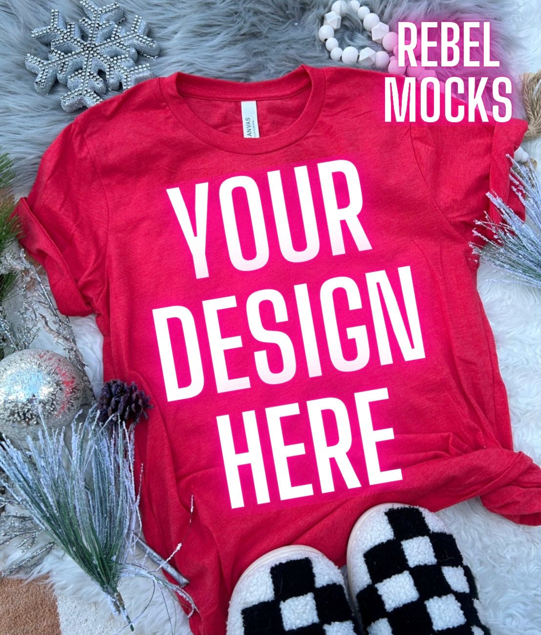 Heather Red Bella Canvas Neutral Holiday Winter Flat Lay Mock Up Checkered