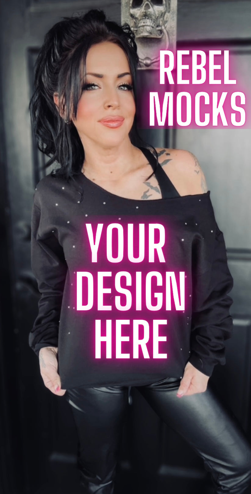 Rhinestone BLING Off Shoulder Black Crew Sweatshirt Model Mock Up