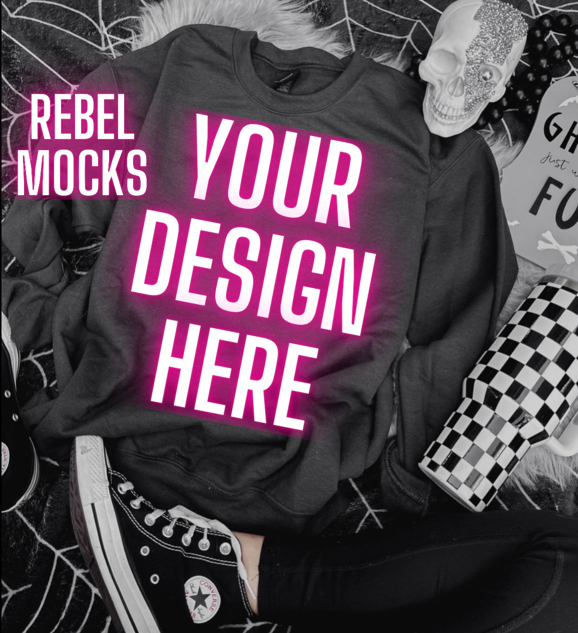 Black Gildan Crew Neck Sweatshirt Mock Up Flat Lay