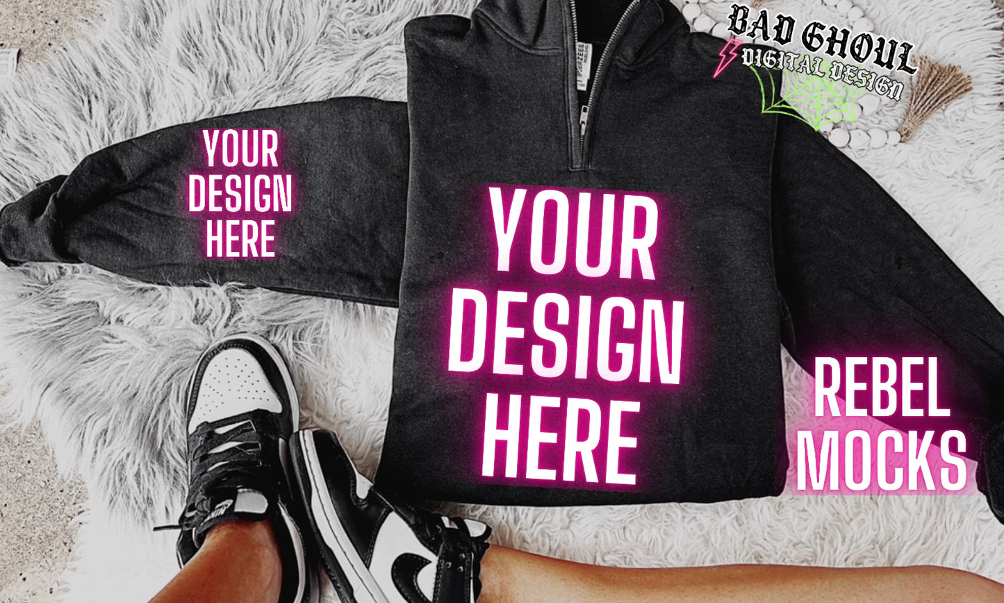 Black 1/4 Zip Up Sweatshirt Jerzees Trendy Mock Up Flat Lay