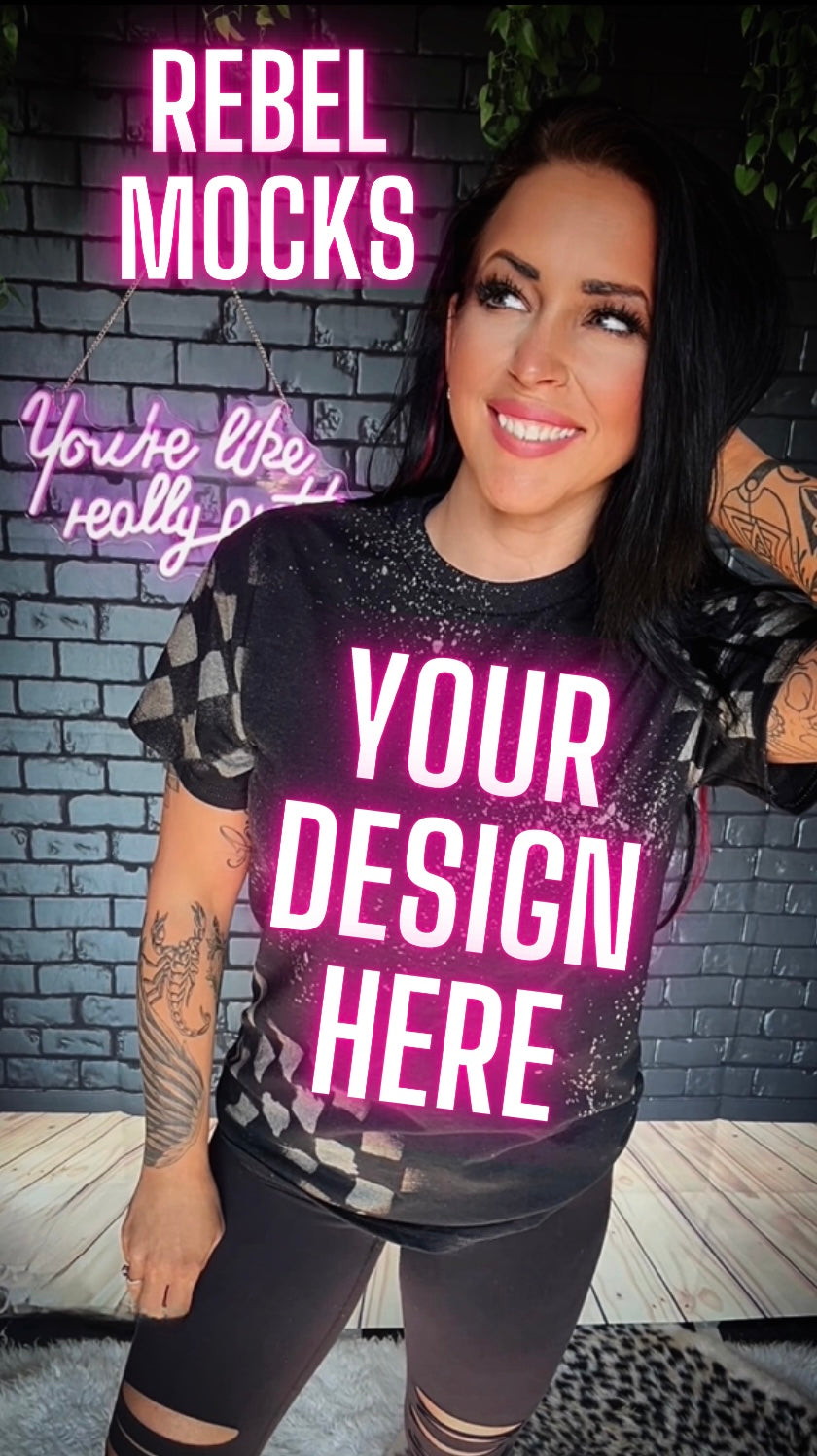 Black Checkered Acid Wash Tee IRL Model Mock Up TRENDING VIBES