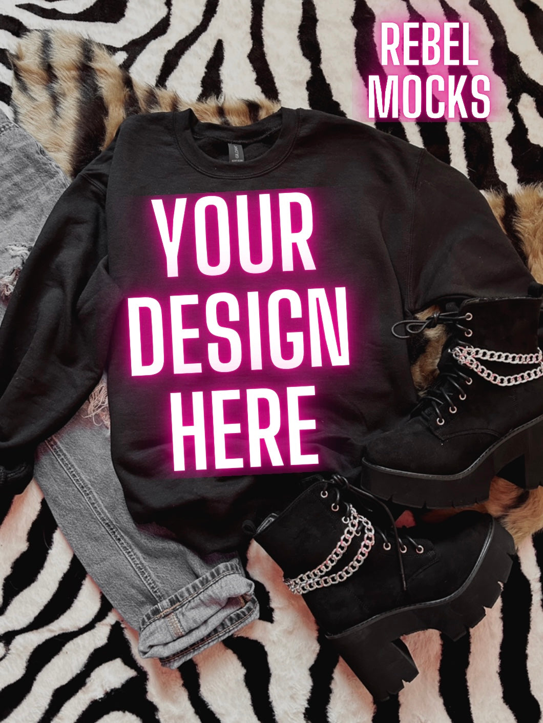 Black Crew Neck Sweatshirt Mock Up Trendy Grungy Edgy Vibes Flat Lay Mock Up
