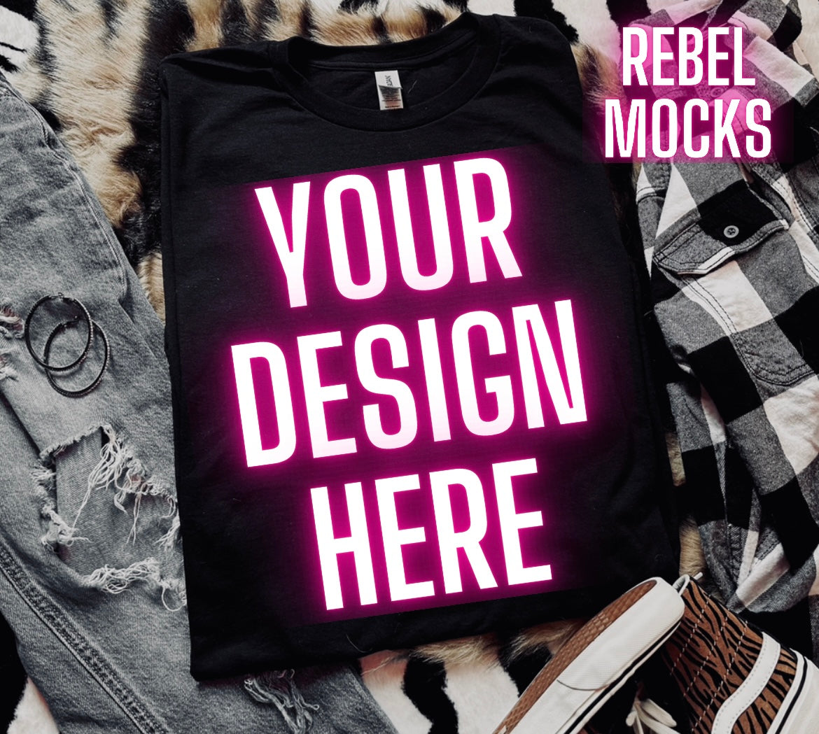 Black Tee Mock Up Trendy Grungy Edgy Vibes Flat Lay Mock Up