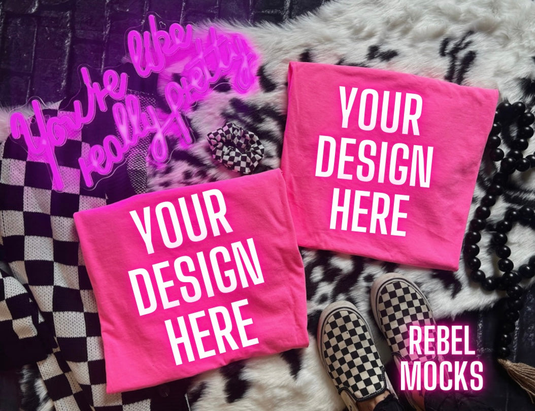Neon Pink Bundle Tee Flat Lay Mock Up Trendy Edgy Vibes 4 mocks